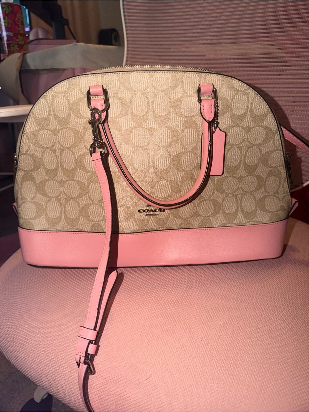 Coach Sierra Signature Dome Satchel with Pink Trim